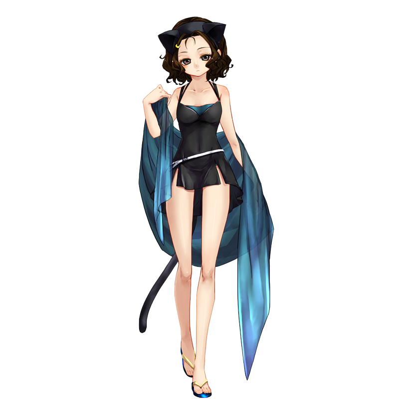 【夏夜】夏の夜の水着姿、黒猫装飾を添えて