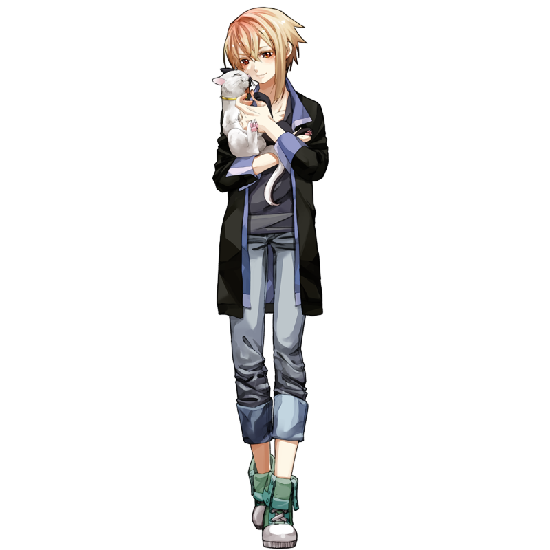 全身：私服、白黒猫と