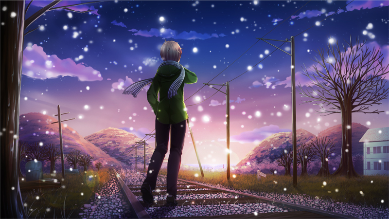 夕暮れの雪と廃線