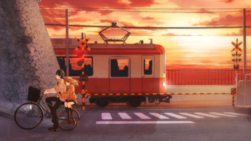 【寝子島と夕焼け】朱色に染まった帰り路（寝子島高校前踏切）