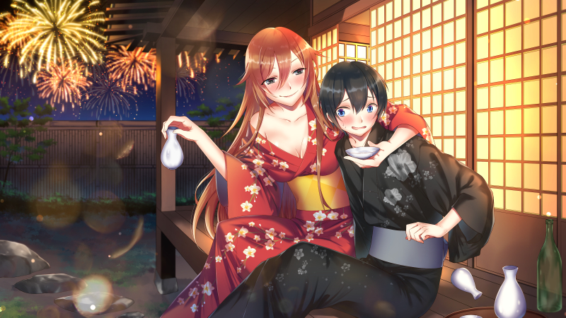 【花浴衣】空の花と宴会を